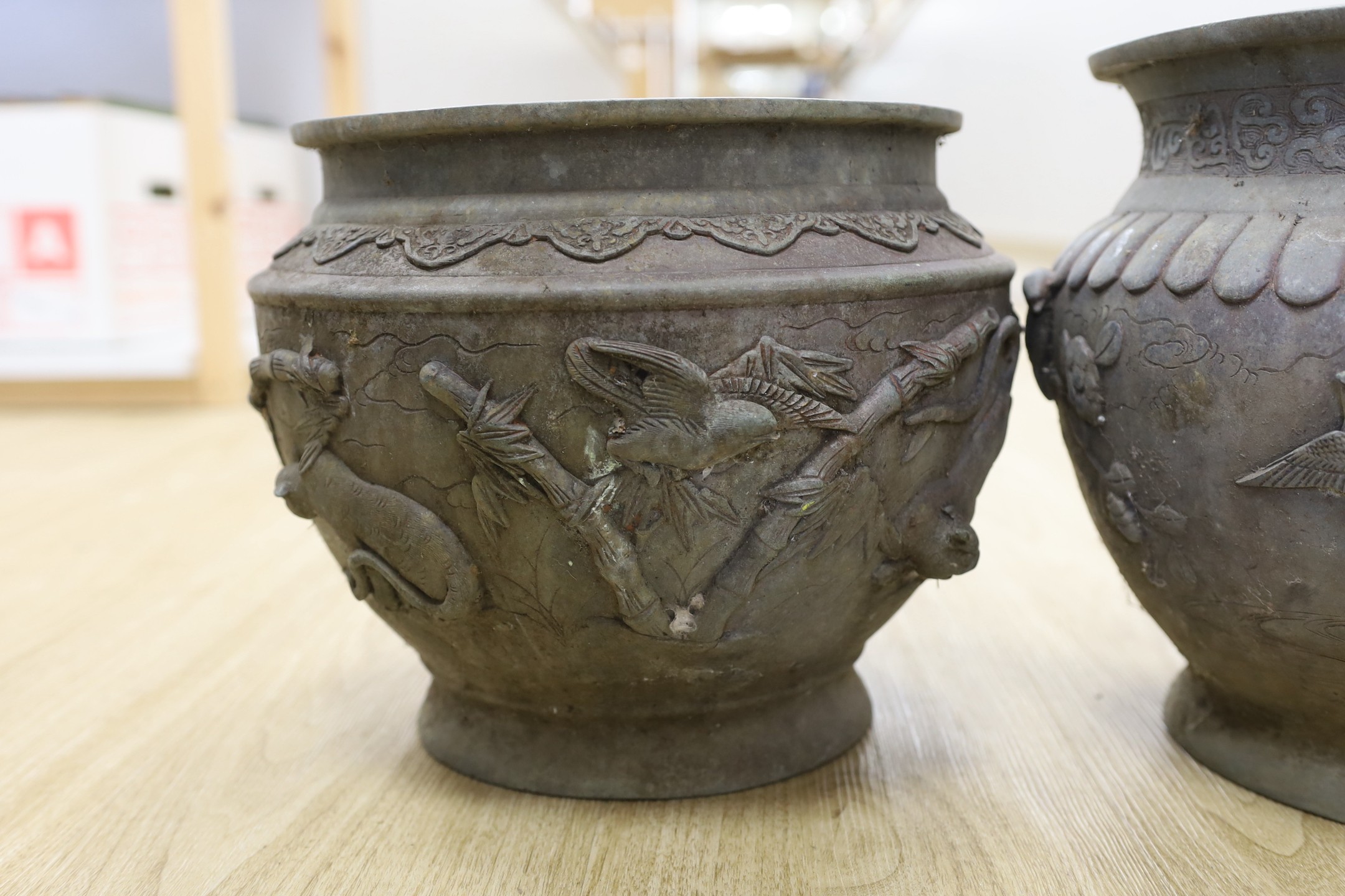 Two Japanese bronze planters, top being 25 cms diameter.